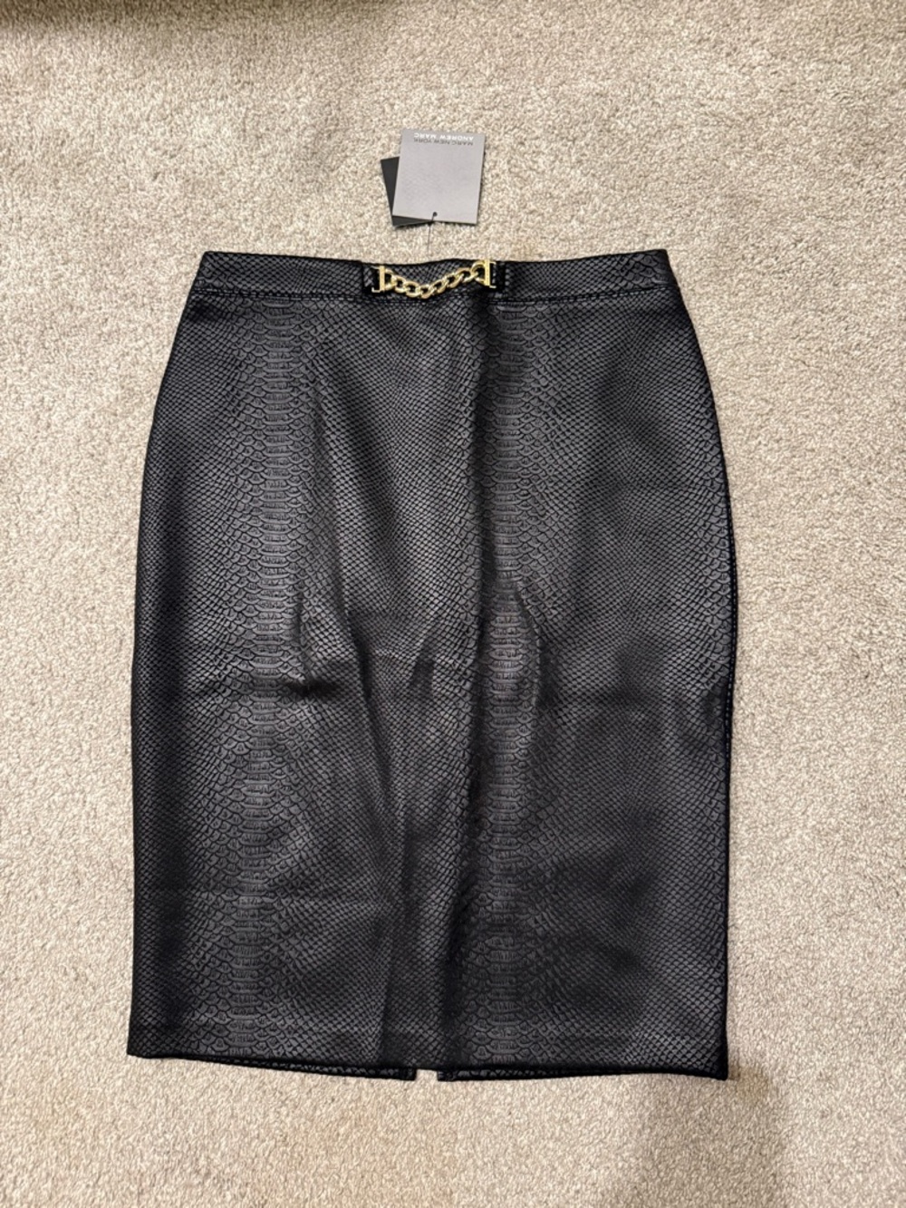 Faux-Snake Black Pencil Skirt with Gold Chain Accent